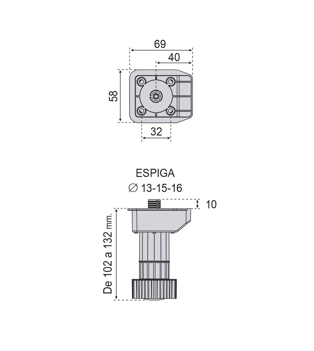 Pata Módulo Glamour H102/132 mm (Kit 4 unds) | AndaserStore OFERTA