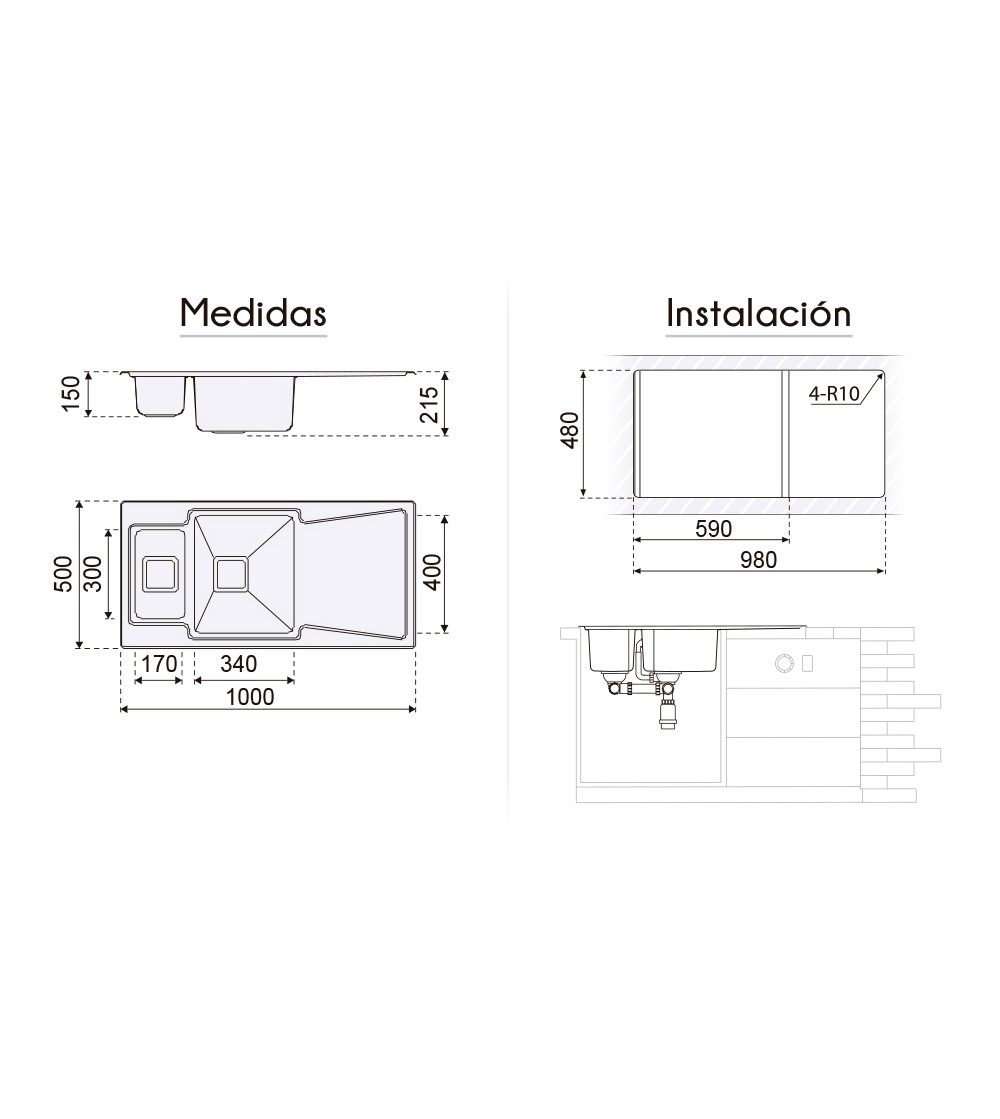 Fregadero Acero Inox Serie Nueva York 100x50 cm Sobre Encimera | AndaserStore OFERTA