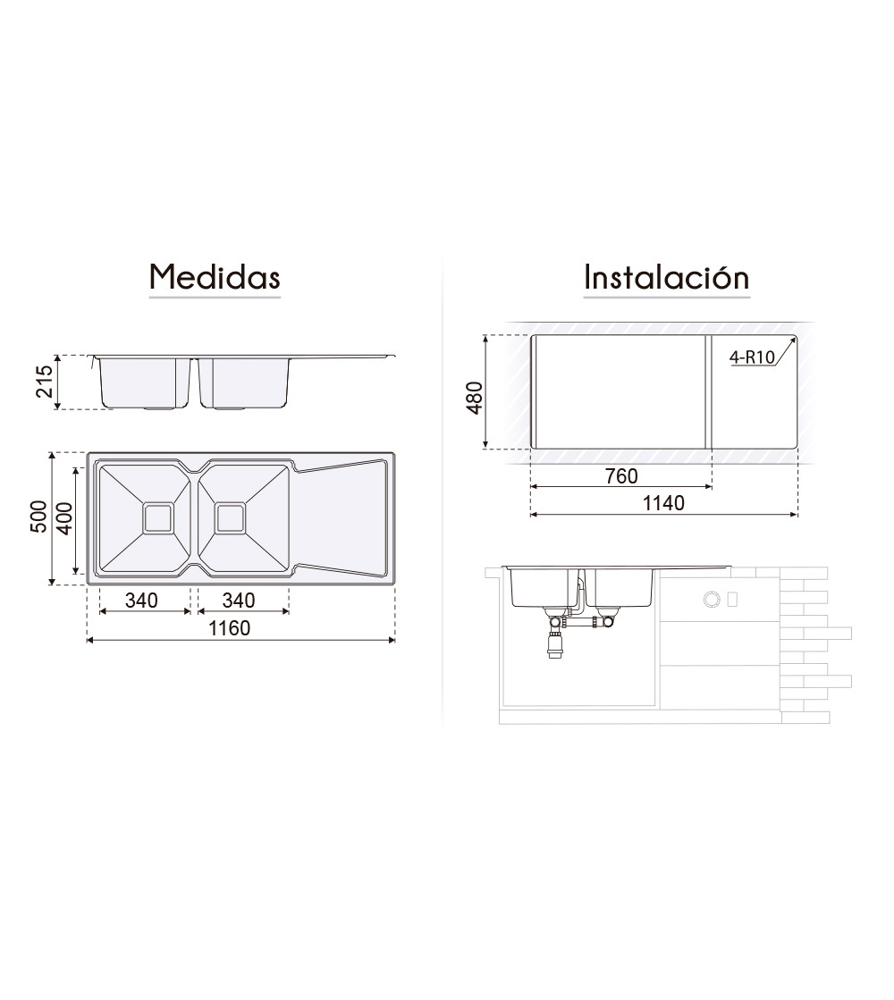 Fregadero Acero Inox Serie Nueva York 116x50 cm Sobre Encimera | AndaserStore OFERTA