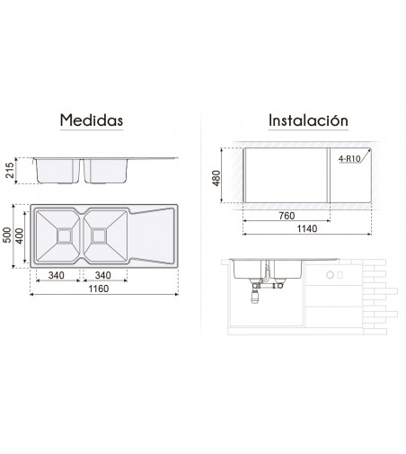 Fregadero Acero Inox Serie Nueva York 116x50 cm Sobre Encimera | AndaserStore OFERTA