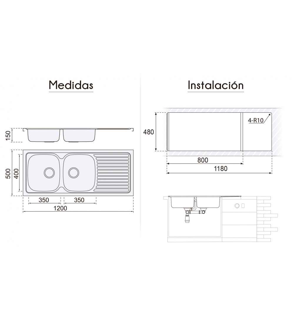 Fregadero Acero Inox Mod. Praga 120x50 cm Sobre Encimera | AndaserStore OFERTA